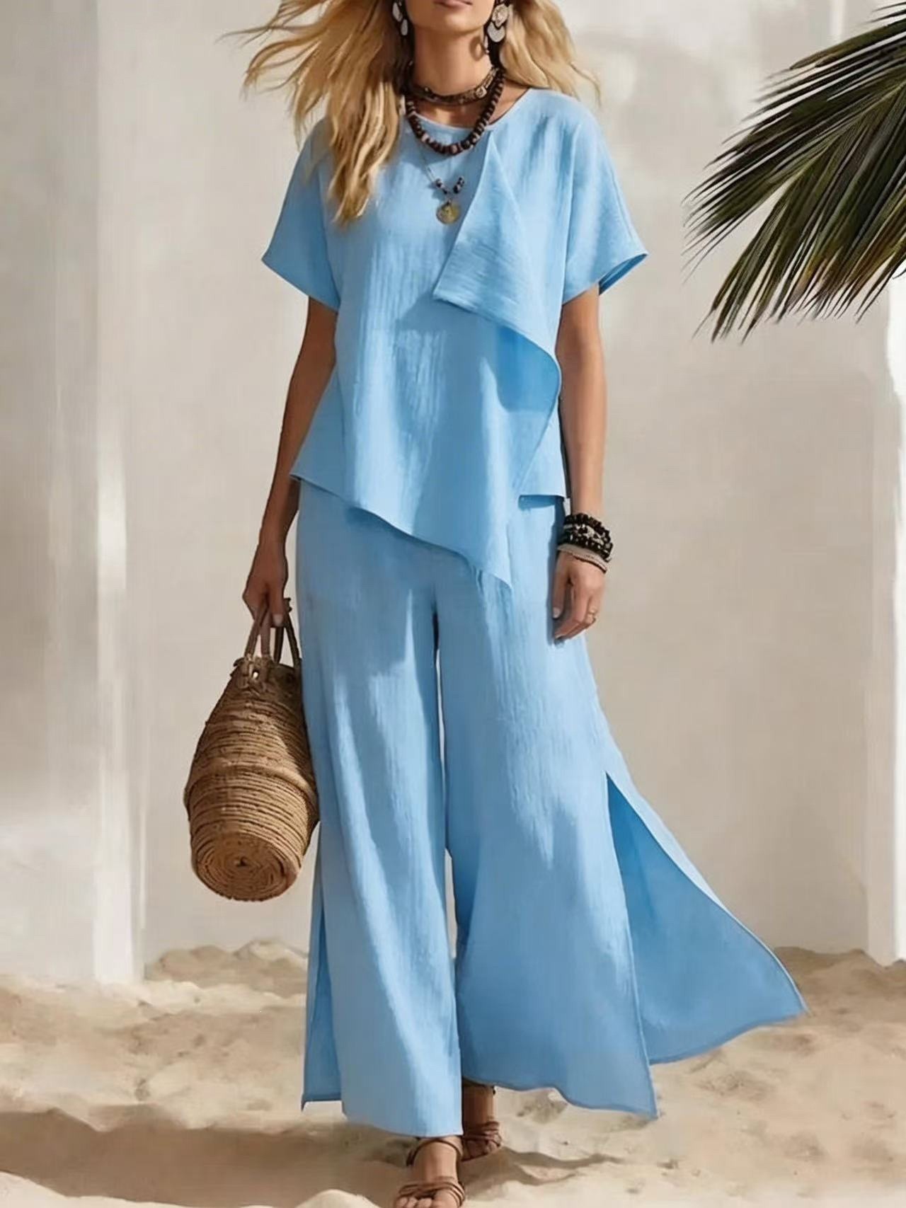 Women's Casual Asymmetric Short Sleeve Top and Slit Wide Leg Pants Set
