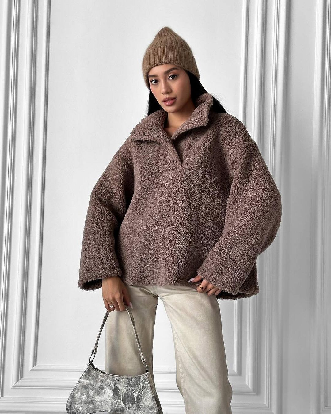Faux Shearling Solid Color Pullover Hoodie with Scarf Neck