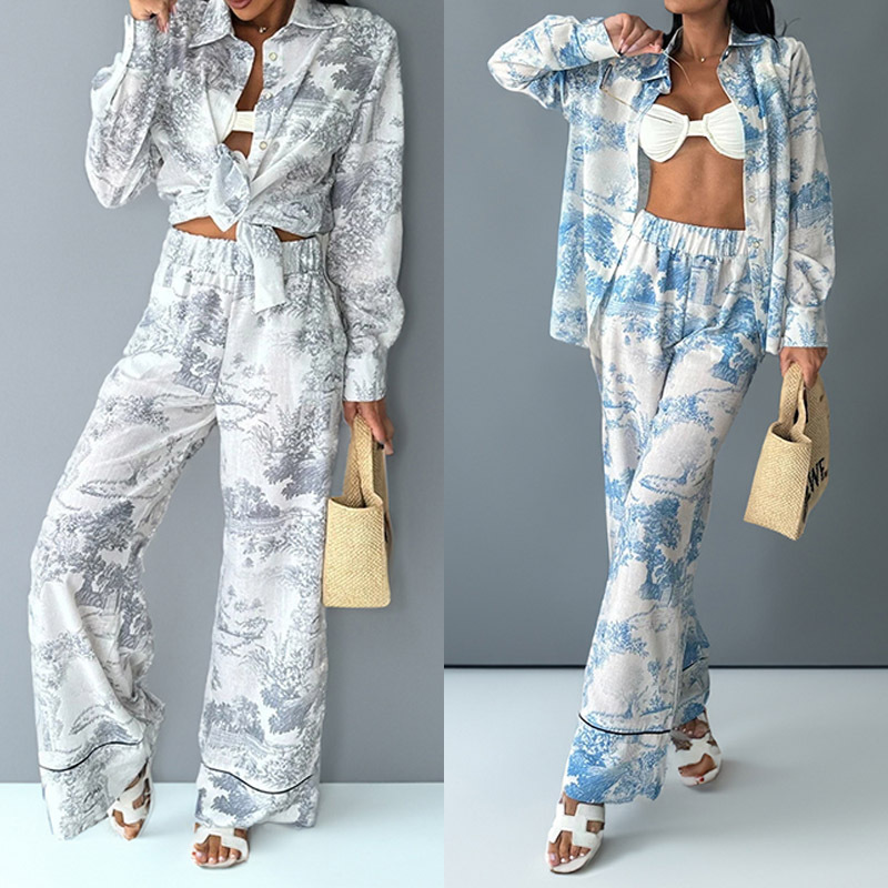 Women's Printed Shirt & Wide-Leg Pants Set – Commute Casual Two-Piece