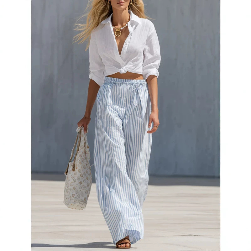 Elegant White Shirt & Blue Striped Wide-Leg Pants Set