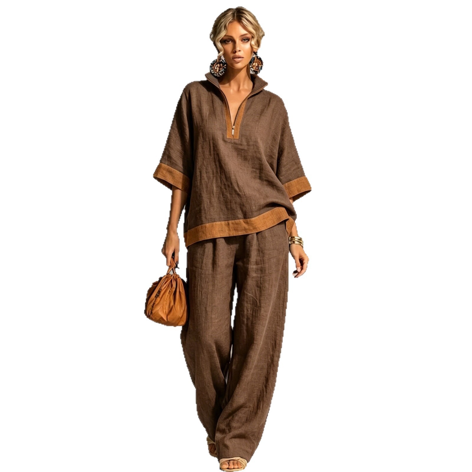 Women's Color-Block Half-Zip Linen Top and Straight-Leg Pants Two-Piece Set