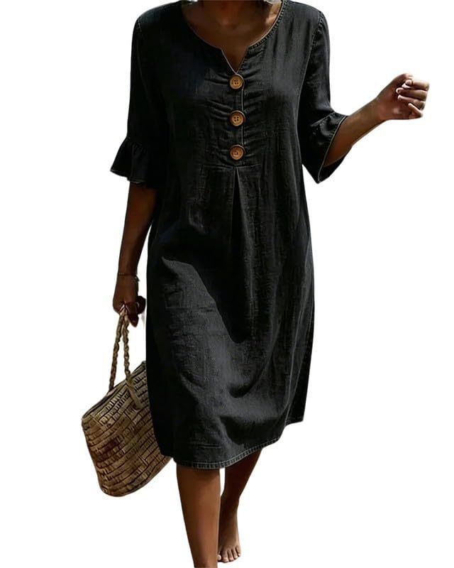 Women's Floral Print Three-Button Midi Dress