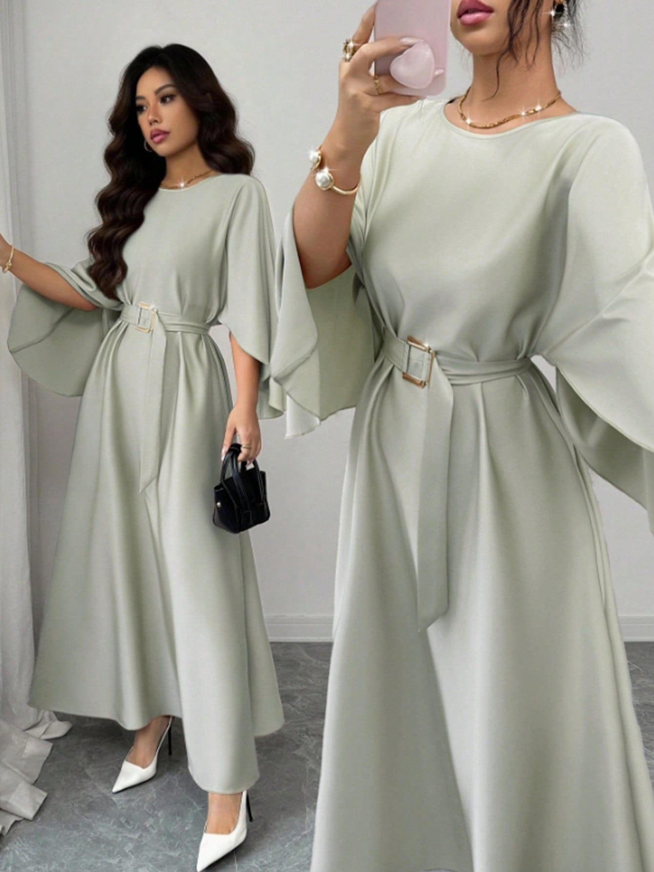 Women's Round Neck Tie-Waist Long Dress with Batwing Sleeves Solid Color