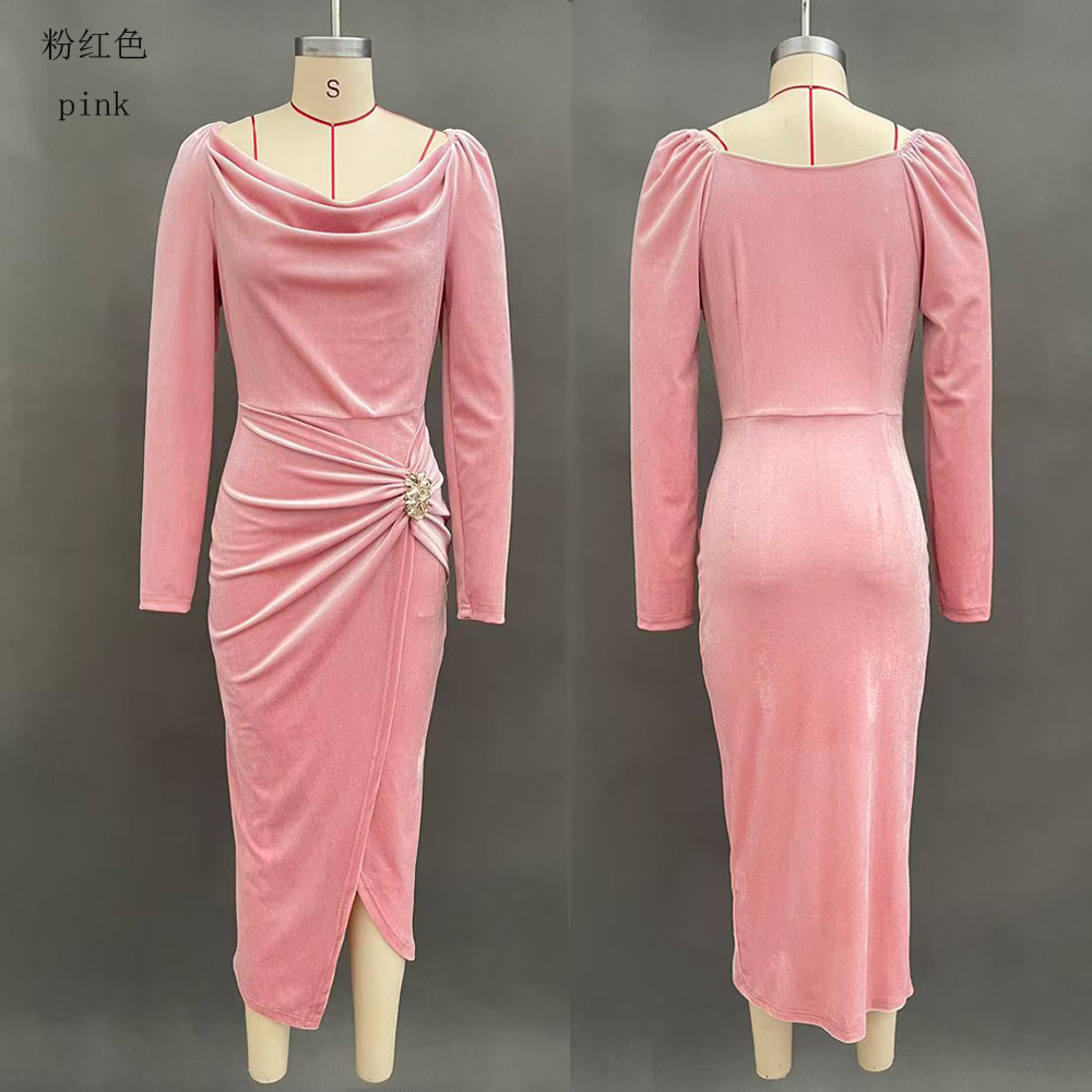 Women's Velvet Long Sleeve Ruched High Slit Bodycon Dress