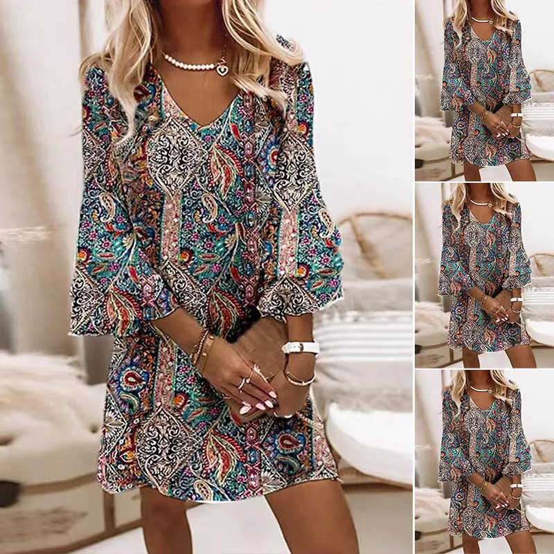 V-Neck Double Flared Sleeve Printed Midi Dress