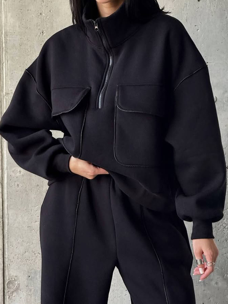 Women's Half-Zip Hoodie and Pants Set with Pockets