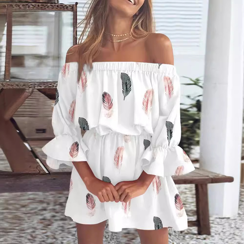 Women's Off-Shoulder Floral Print Dress Short Sleeve A-Line