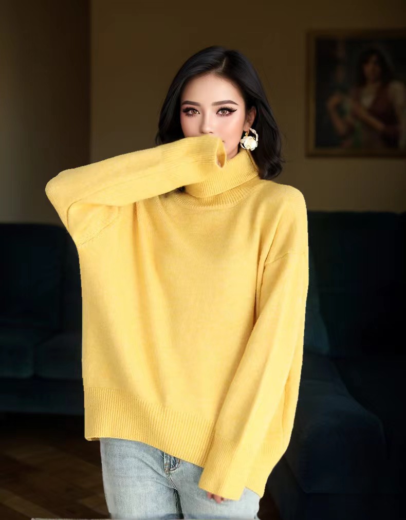 Women's Multi-Color Ribbed Turtleneck Knit Sweater Loose Lazy Style