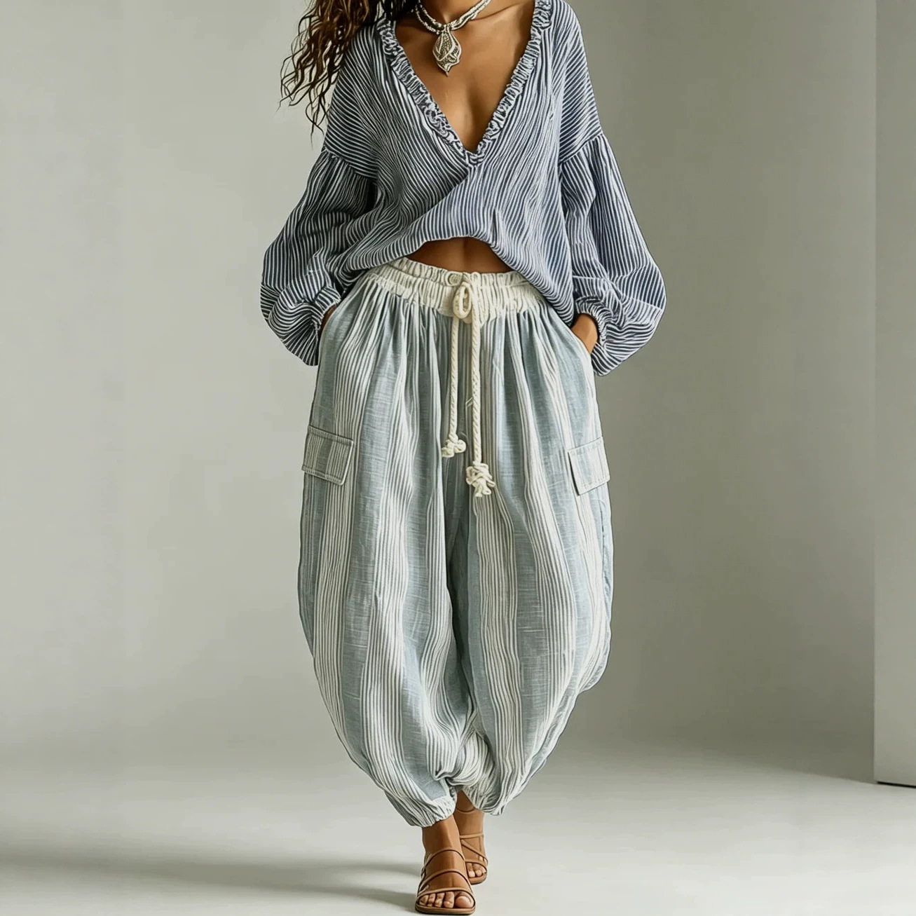 Women's Striped Color-Block Asymmetric Pant Set