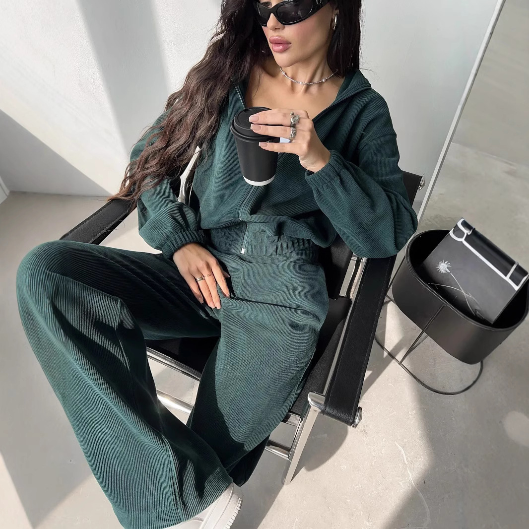 Women's Solid Color Long Sleeve Hooded Cardigan Sweatshirt and Wide-Leg Pants Set