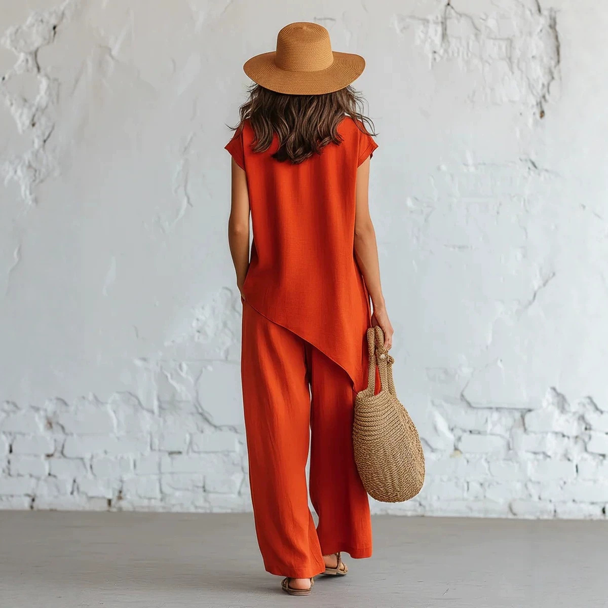 Women's Button-Down Short Sleeve Top and Wide-Leg Pants Set with Asymmetrical Hem