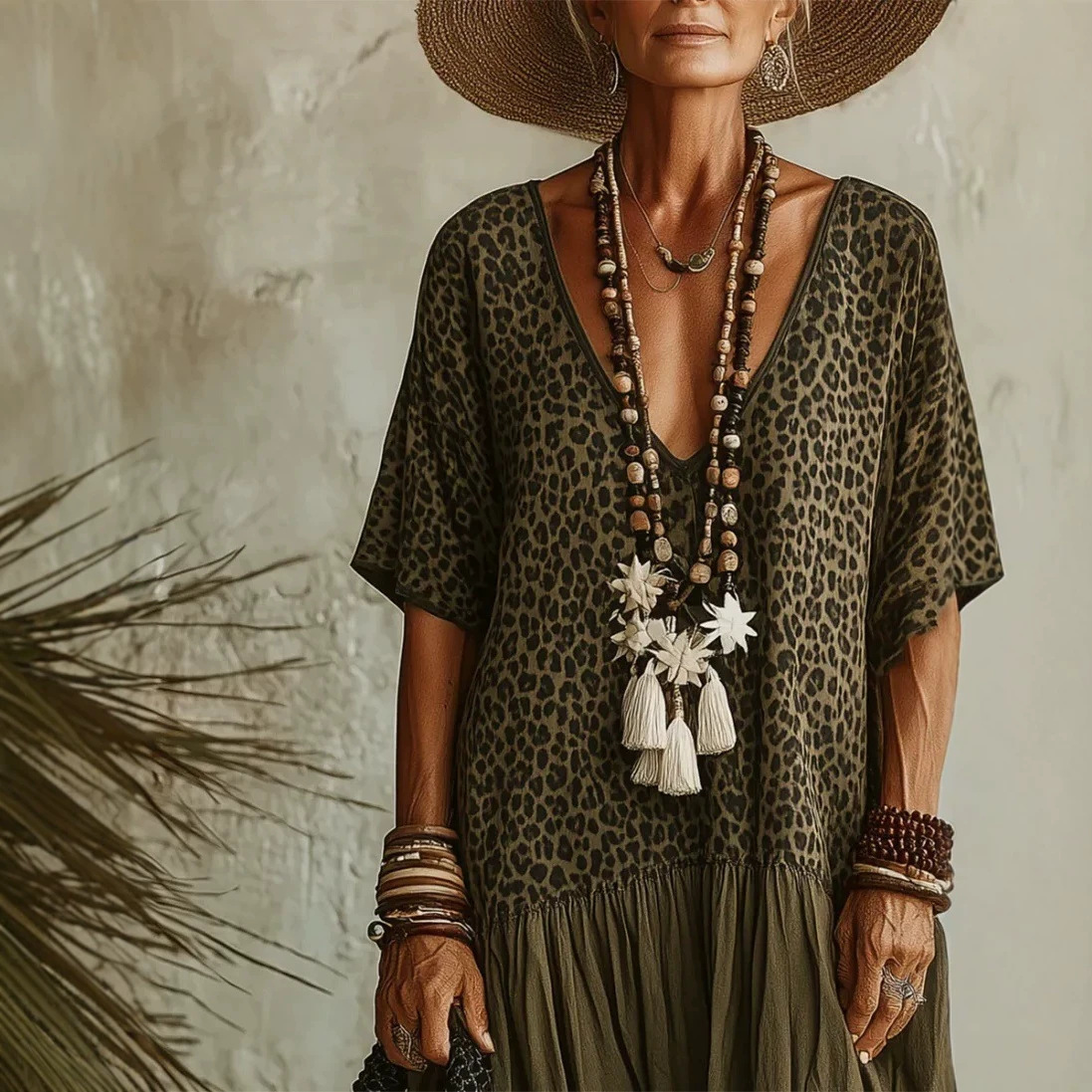 Leopard Print V-Neck Batwing Sleeve Color Block Boho Casual Dress