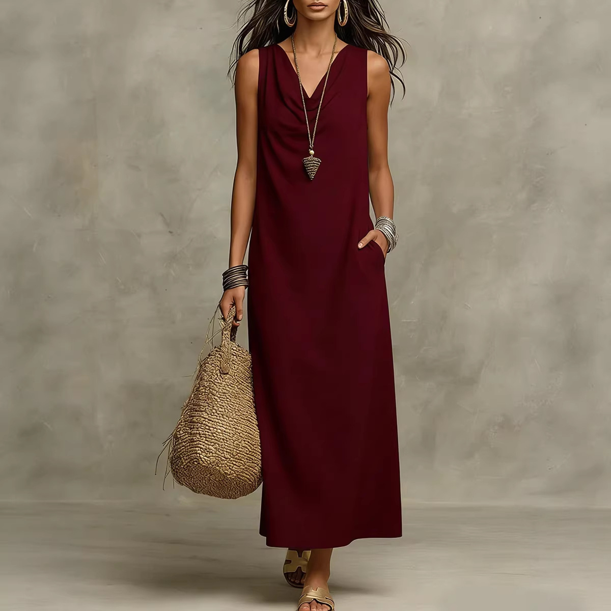 Women's Draped Neck Straight Loose Casual Dress