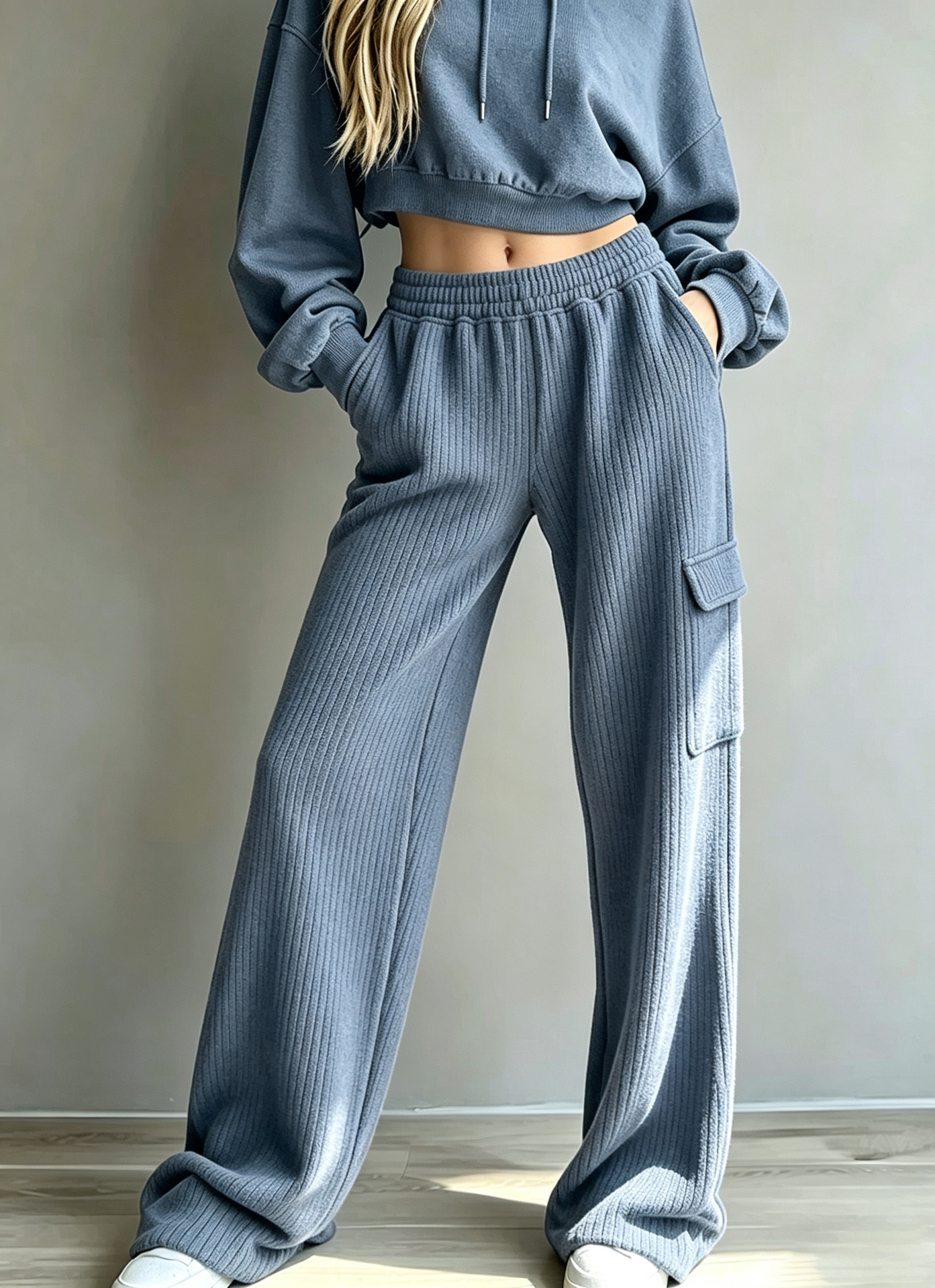 Vertical Ribbed Cargo Wide-Leg Sweatpants High-Waist Drawstring Side Pockets