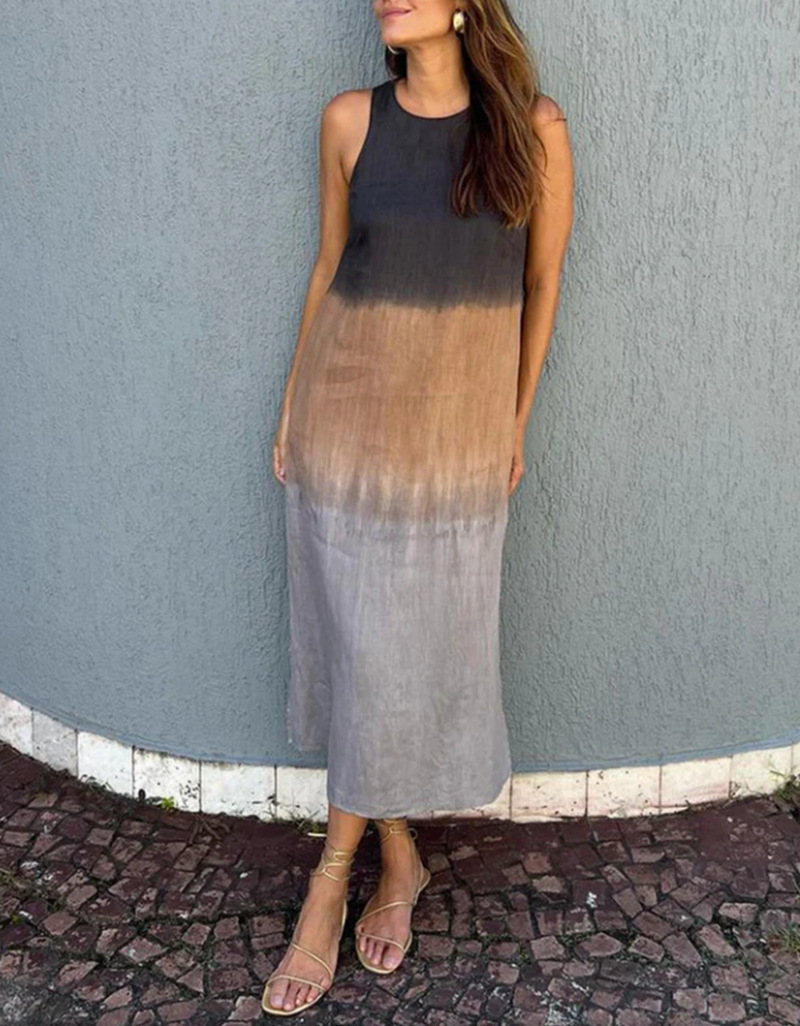 Women's Sleeveless Colorblock Print Round Neck Loose Dress