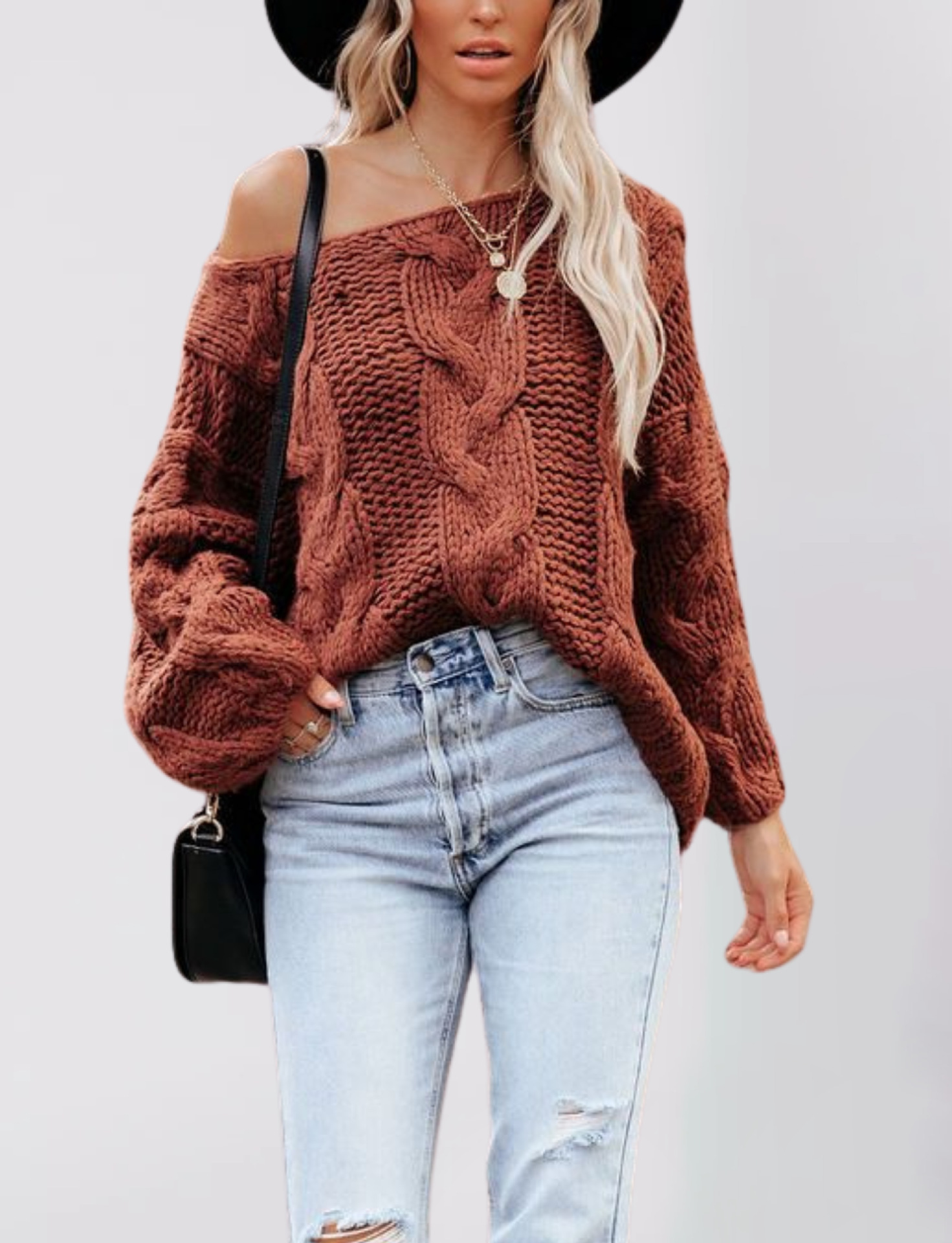 Women's Off-Shoulder Cable Knit Pullover Sweater