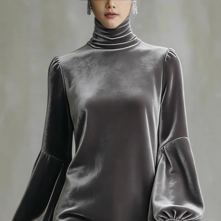 Corduroy Turtleneck Lantern-Sleeve Dress with Sheer Mesh Panel