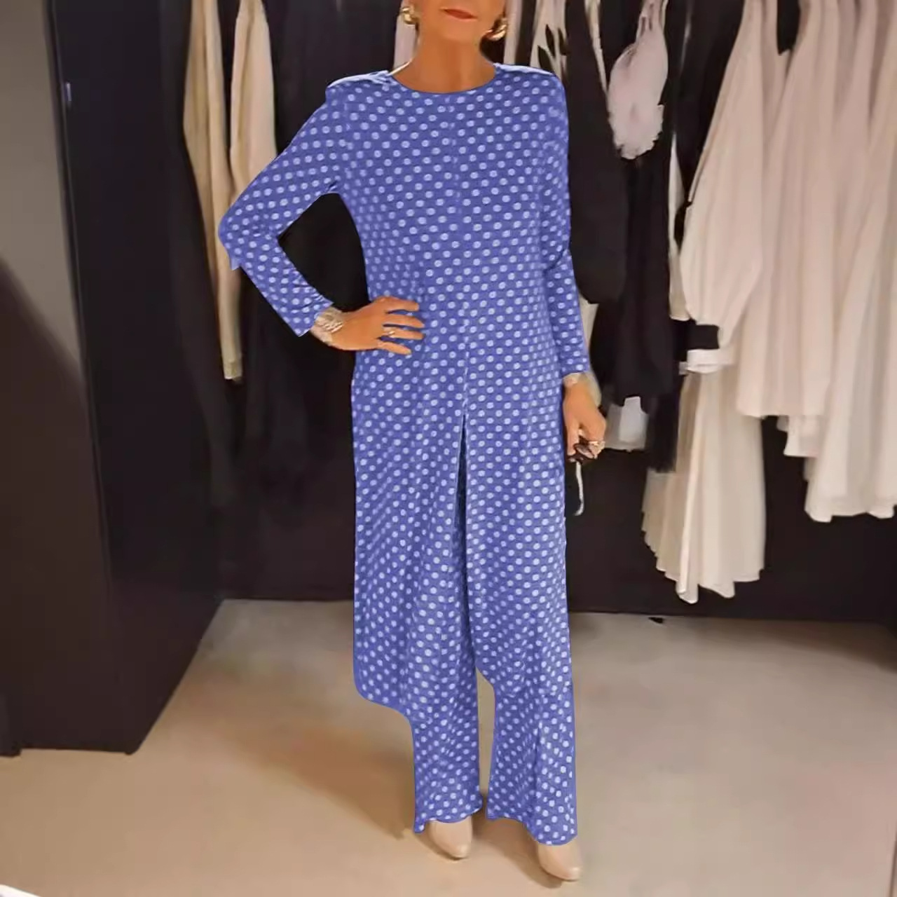 Polka Dot Round Neck Slim Fit Slit Long Top & Pants Set