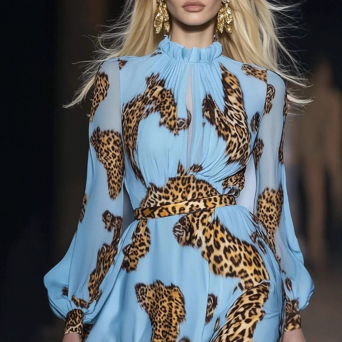 Elegant Leopard Print Sky Blue Chiffon Mini Dress