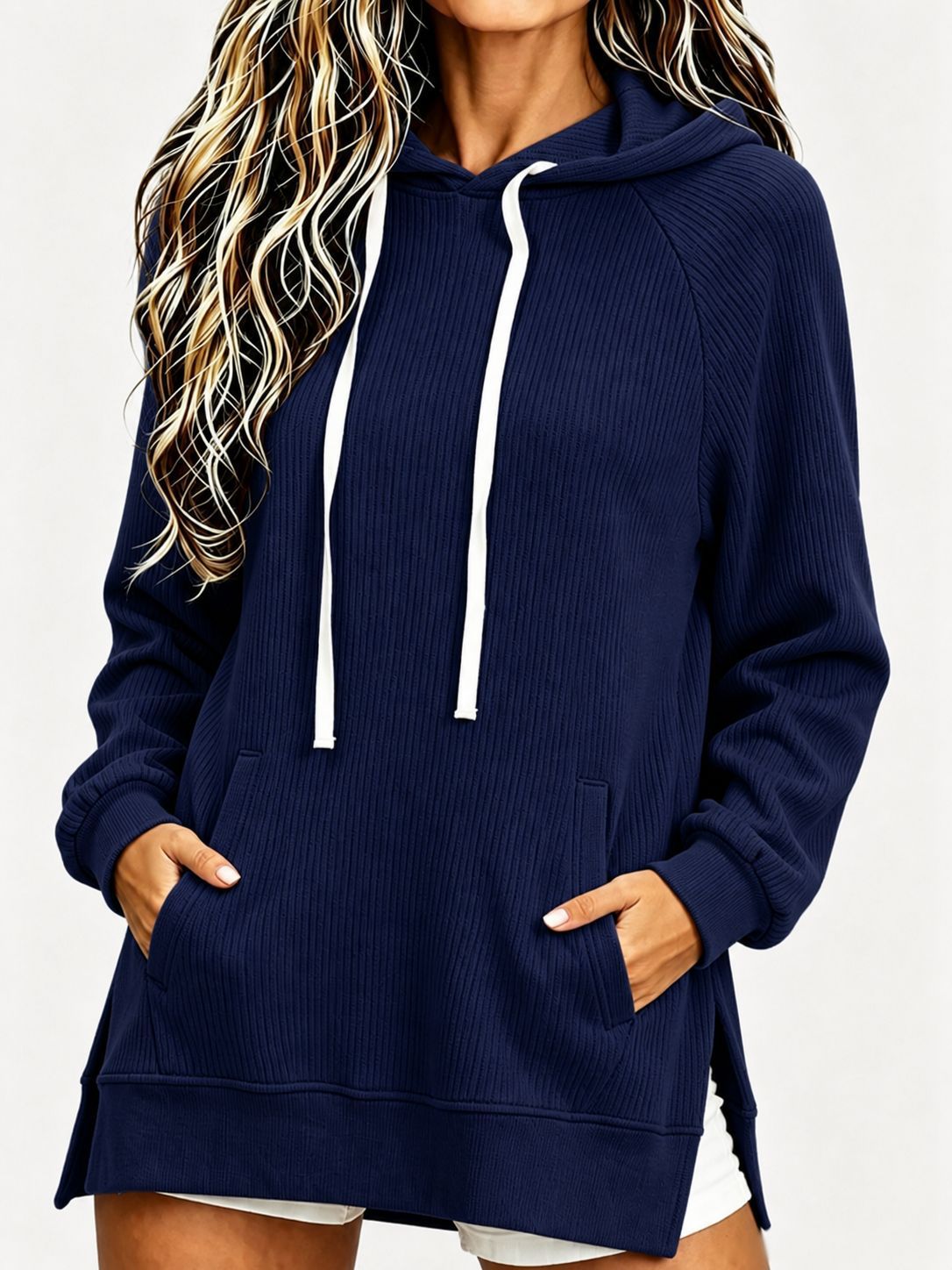 2026 Cross-Border European & American Women's Corduroy Hooded Sweatshirt Fall/Winter New Loose Mid-Length Pocket Pullover Top