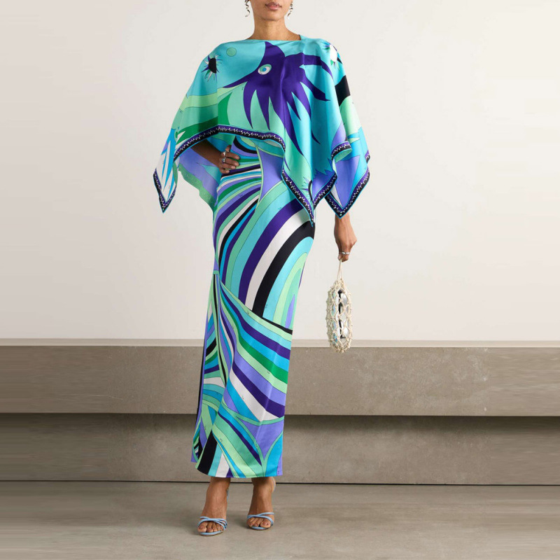 Women's Asymmetric Print Shawl Dress Two-Piece Set Sleeveless Long Skirt
