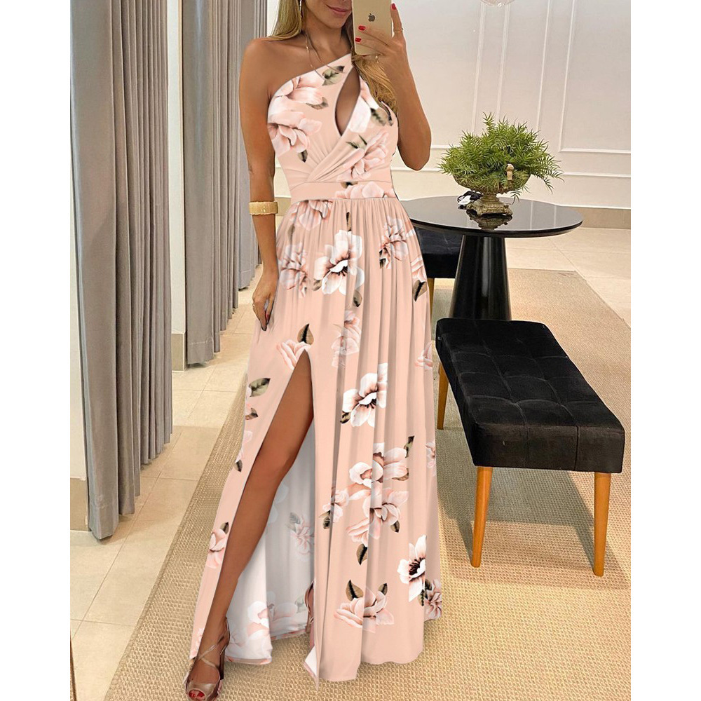 One-Shoulder Sleeveless High-Waist Slit Maxi Dress
