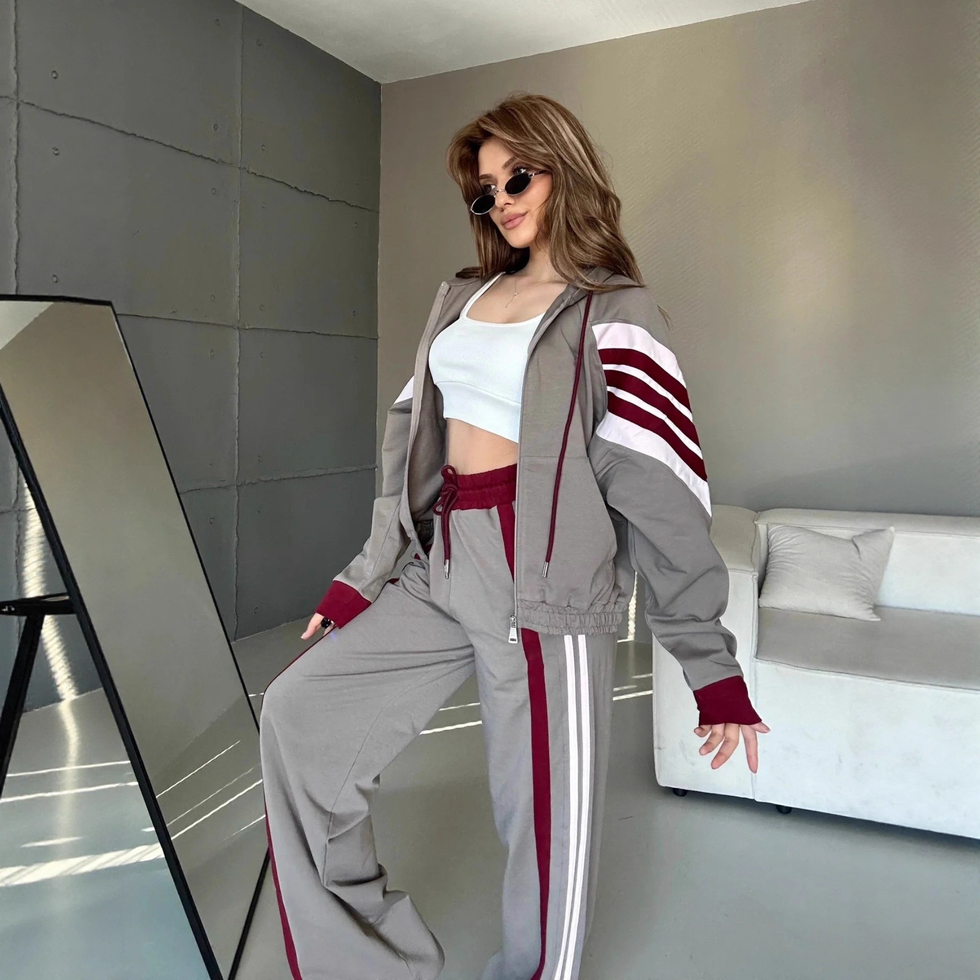 Women's Striped Colorblock Zip Cardigan and Tie Pants Two-Piece Set