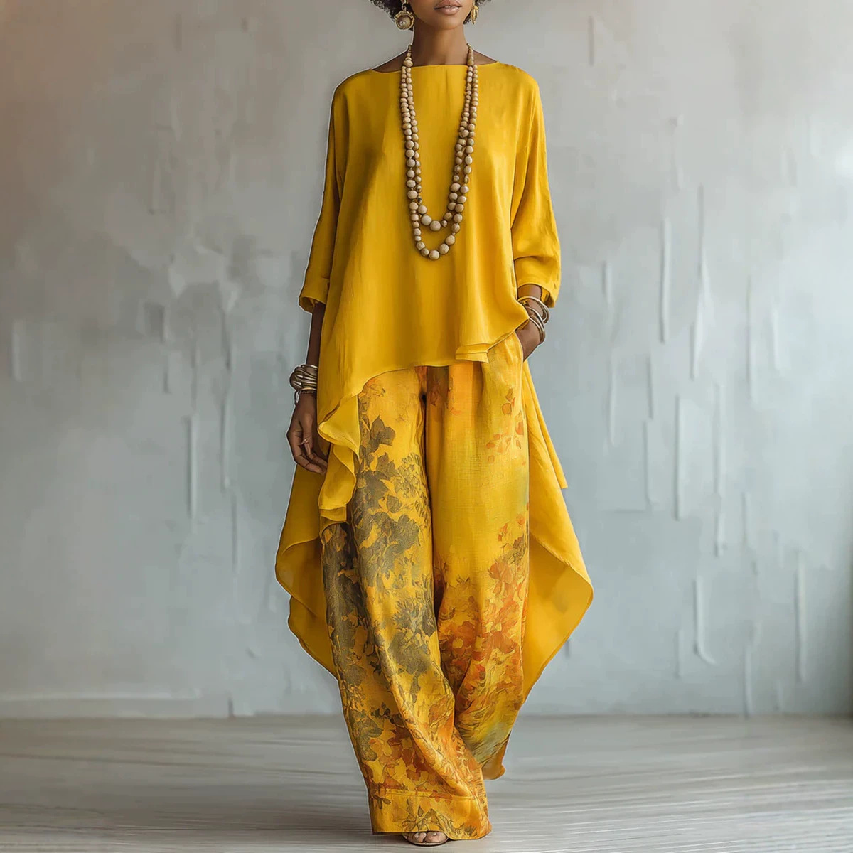 Women's Solid Color Top & Wide-Leg Pants Two-Piece Set