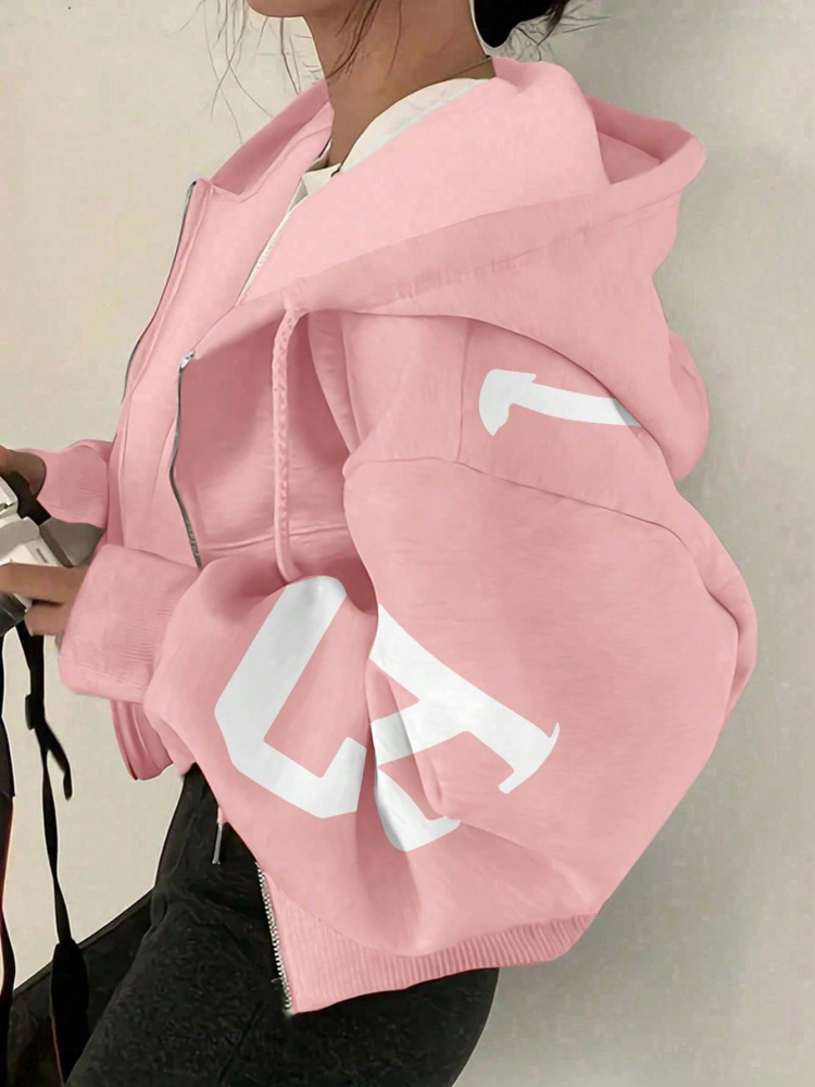 Women's Casual Letter Print Loose Hooded Zip-Up Sweatshirt