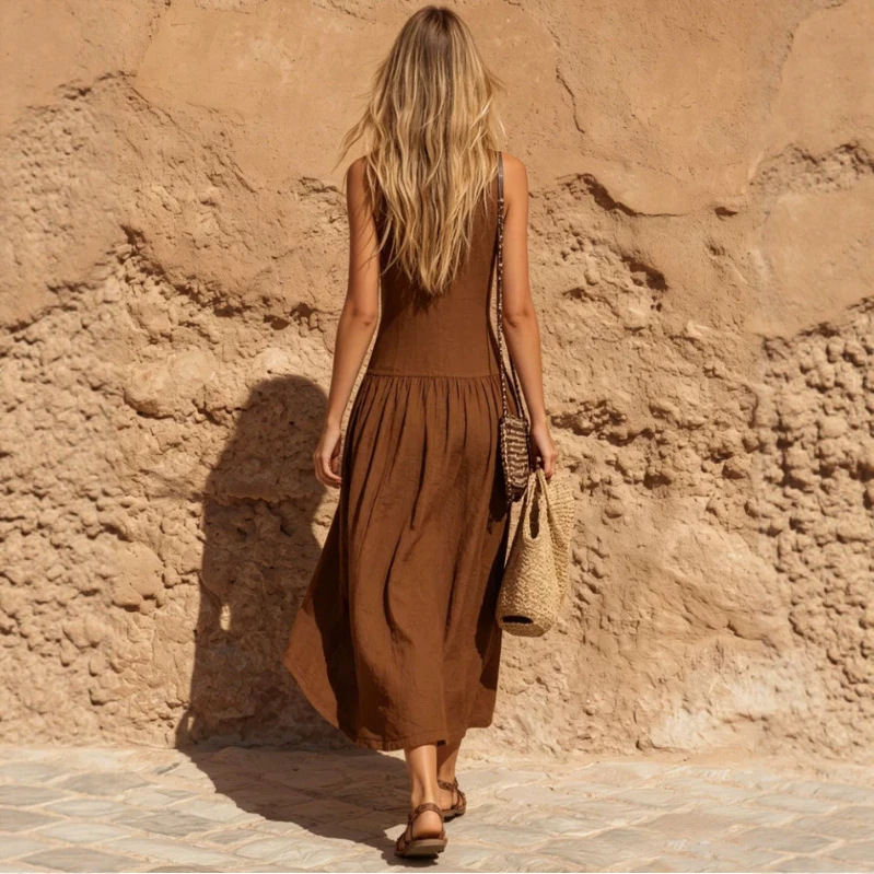 Women's Sleeveless Round Neck Low Waist Midi Dress with Pleated Details