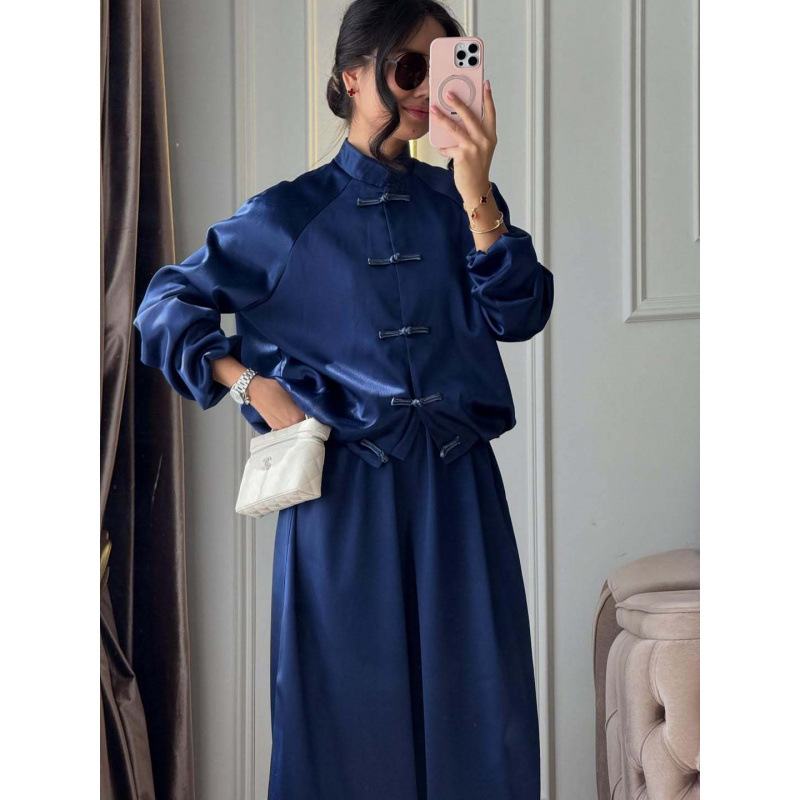 New Chinese Style Frog Button Satin Two-Piece Set with Wide-Leg Drawstring Pants