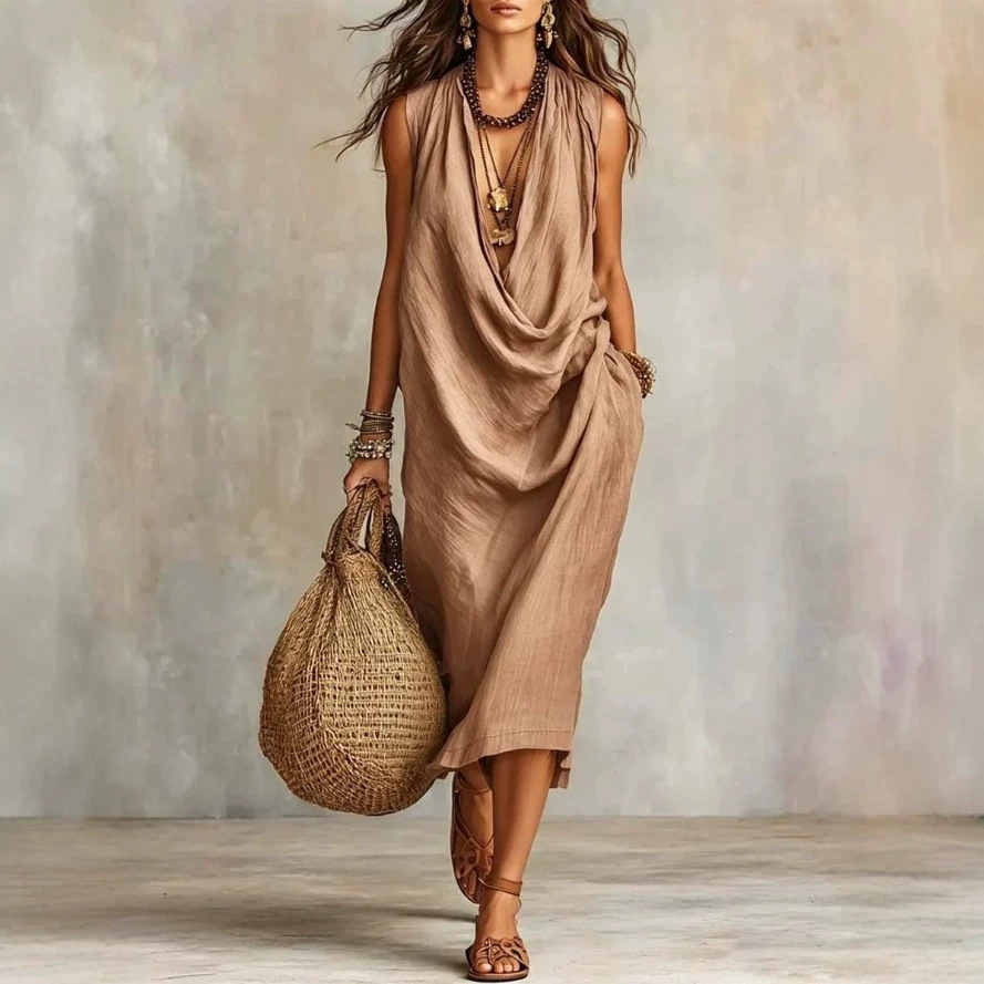 Women's Casual Loose Cowl Neck Sleeveless Maxi Dress