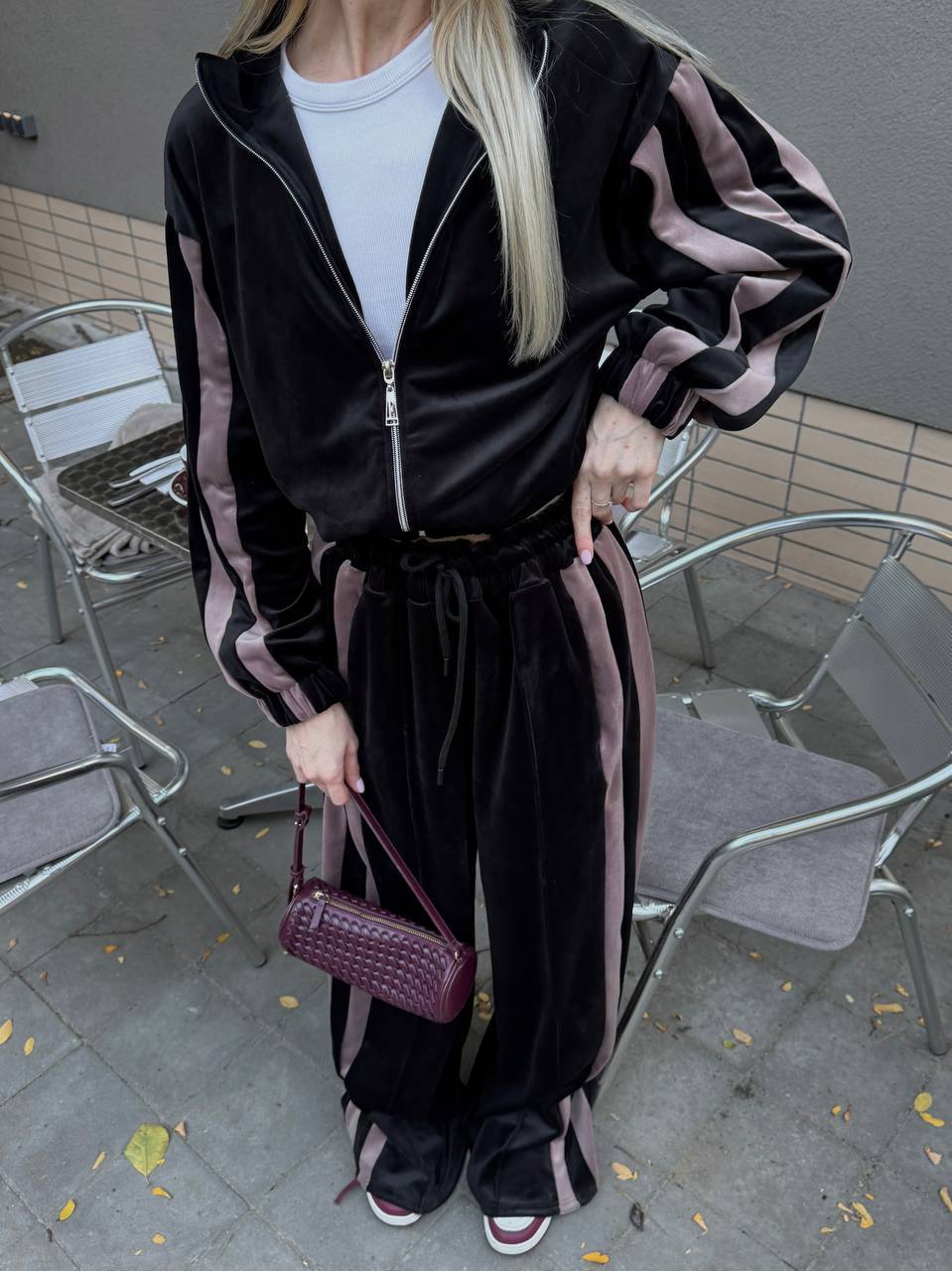 Striped Velvet Stand-Collar Long-Sleeve Top & Wide-Leg Pants 2-Piece Set