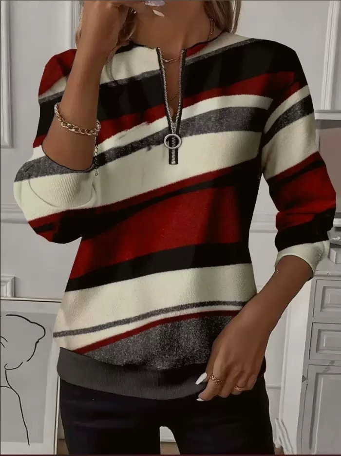 Women's Boho Print Long Sleeve Zip-Up Sweatshirt Casual Top