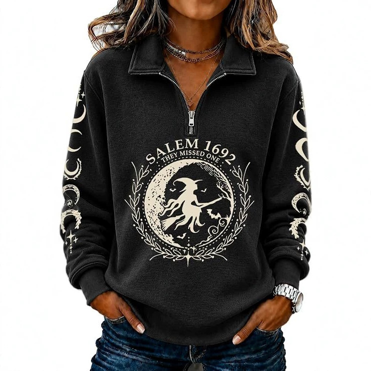 Women's Half-Zip Halloween Witch Skull Print Hoodie