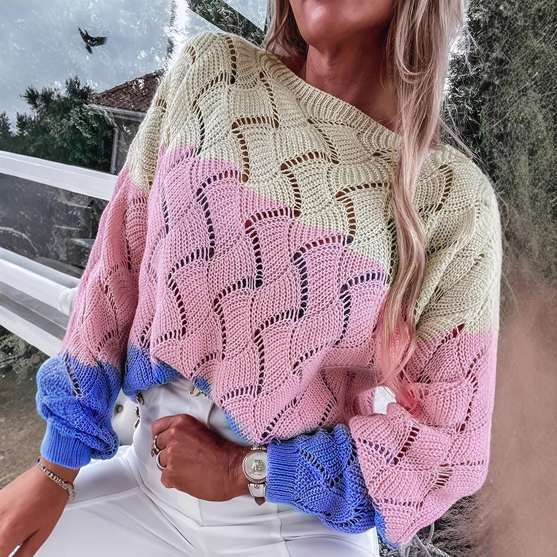 Women's Winter Crewneck Colorblock Open-Knit Pullover Sweater