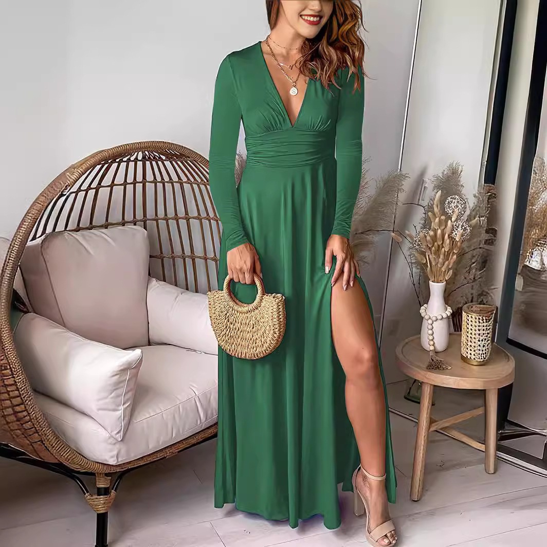Deep V-Neck Long Sleeve Ruched High Waist Slit Club Party Dress Solid