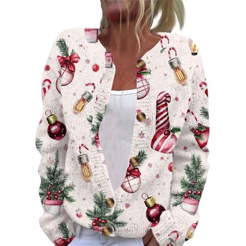 Christmas Hat Print Button-Front Cardigan for Women
