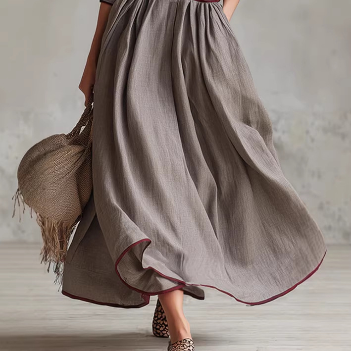Minimalist Elegant Gray Cotton-Linen Long Dress