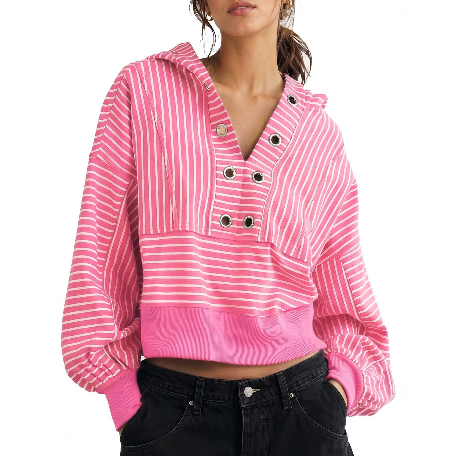 Women's Striped Short V-Neck Hooded Loose Sweatshirt