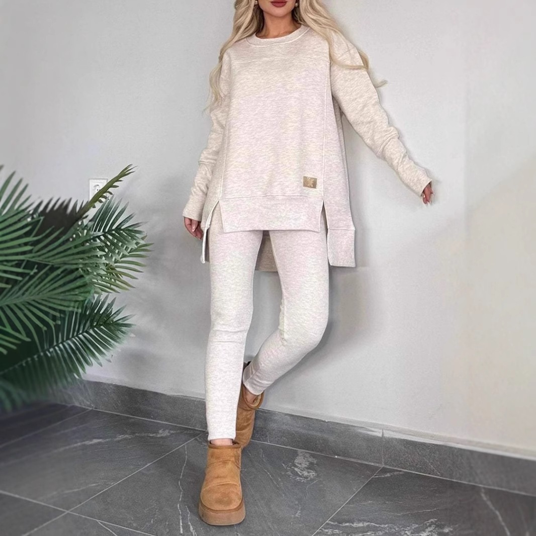 Women's Casual Solid Color German Velvet Long Sleeve Round Neck Slit Top Set