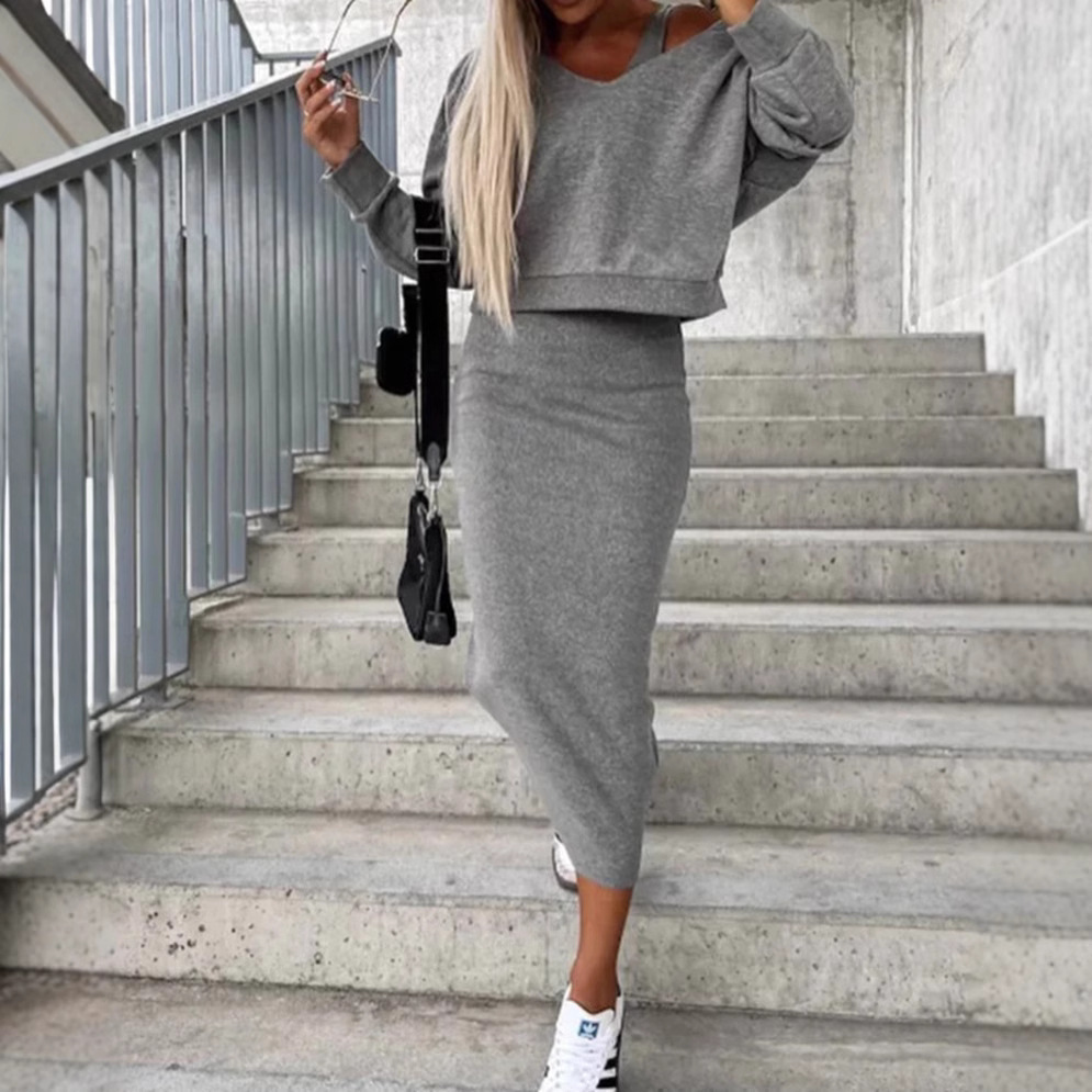 V-Neck Knit Sweatshirt & Cami Dress Two-Piece Set