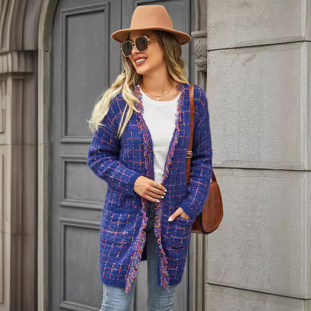Fringed Knit Cardigan Colorful Striped Open Front Women's