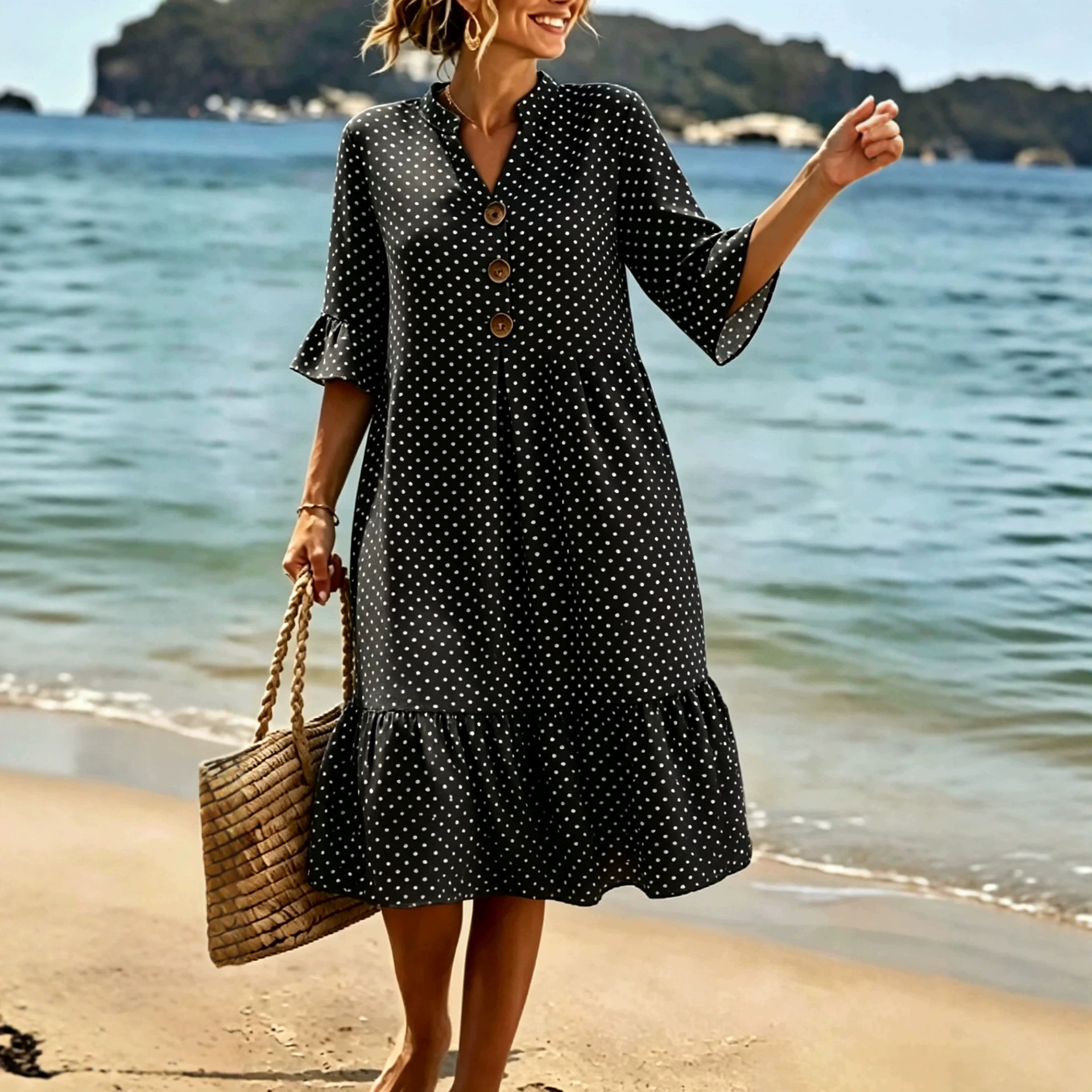 V-Neck Polka Dot Ruffle Sleeve Boho Midi Dress