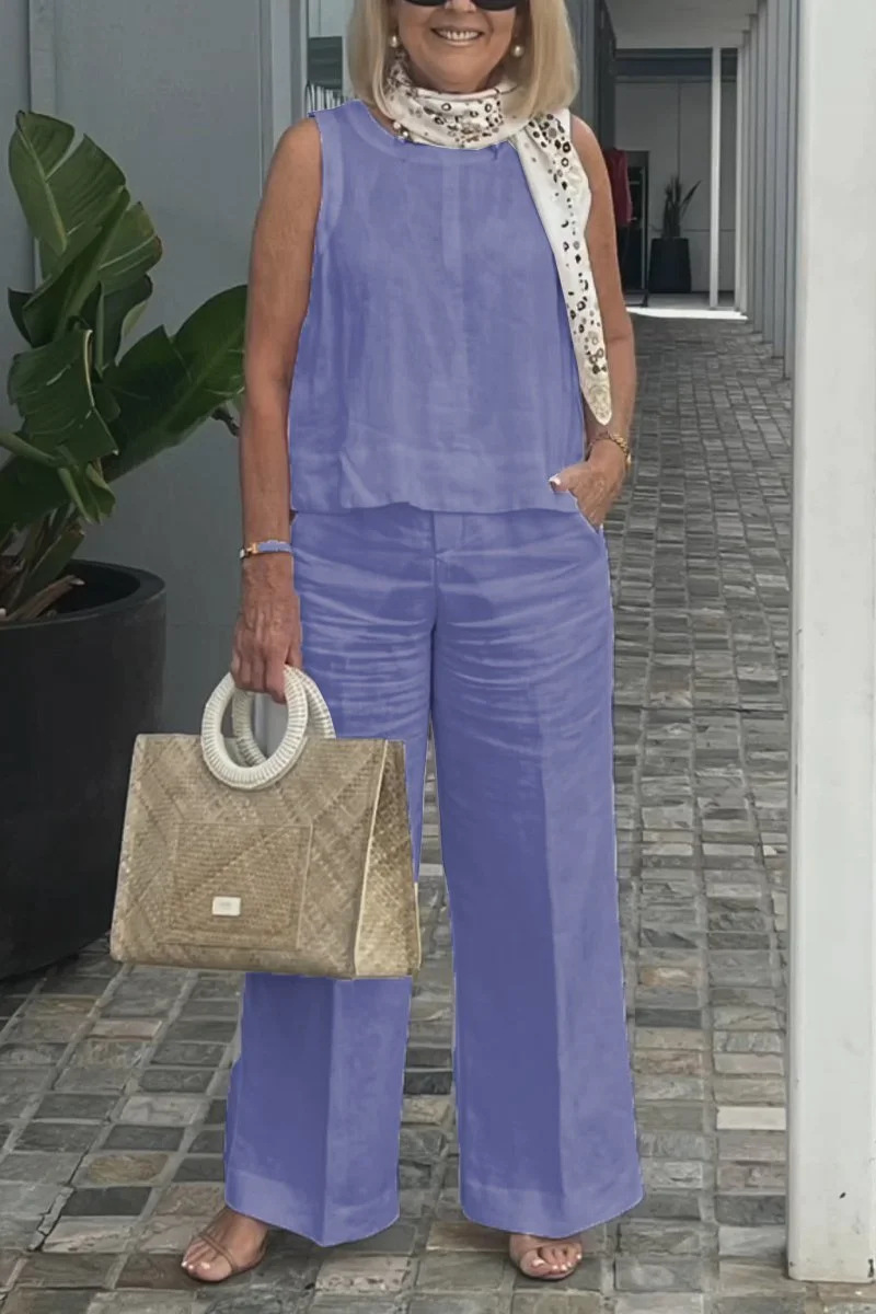 Women's Sleeveless Cotton-Linen Solid Color Pant Set Casual Two-Piece Outfit