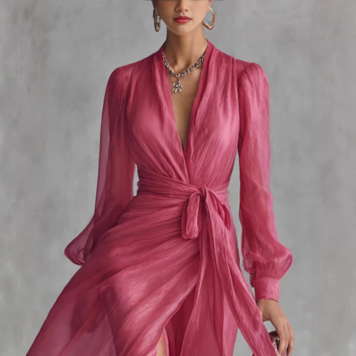 Vintage Court-Style V-Neck Tie-Waist Puff-Sleeve Long Dress