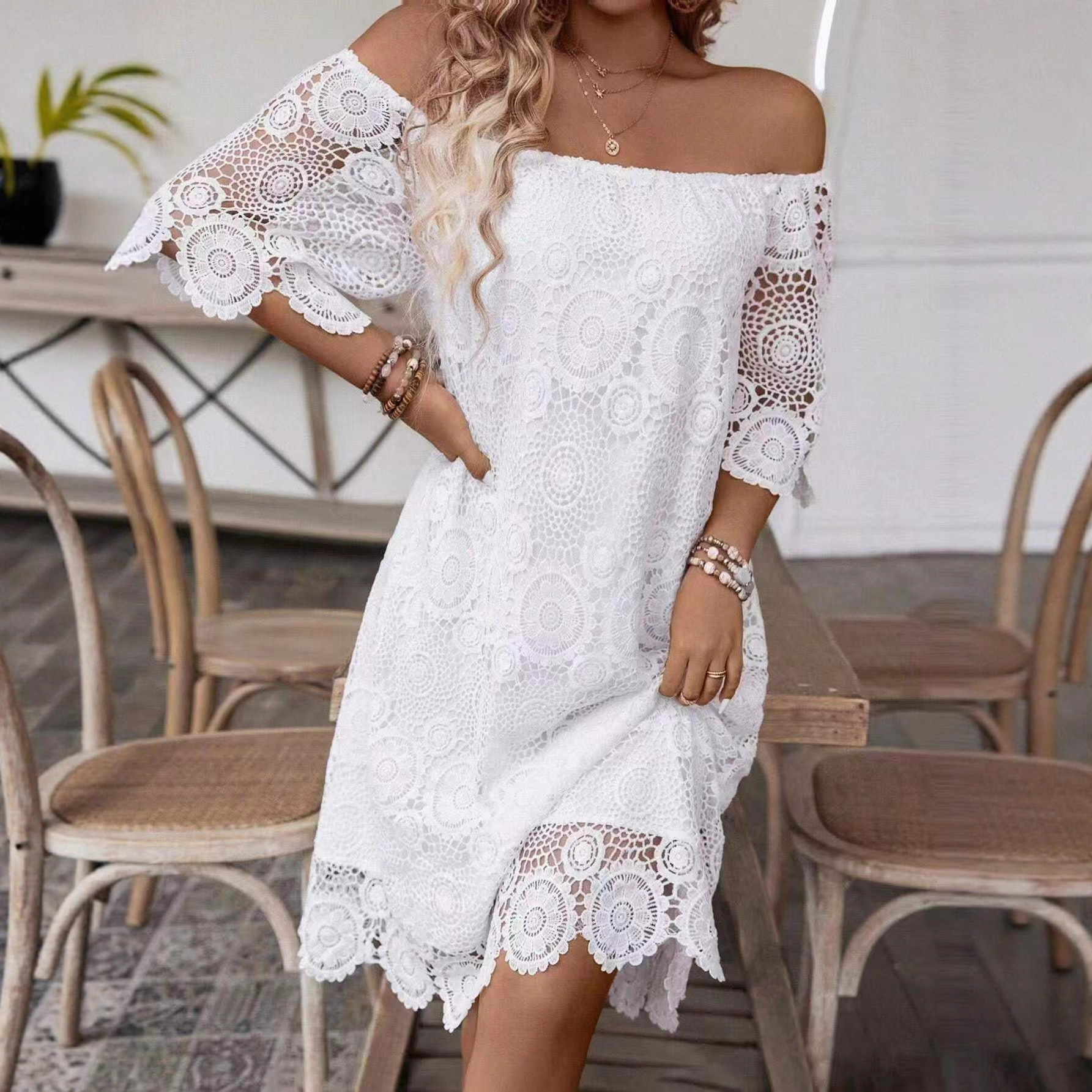 Women's Off-Shoulder Short Sleeve Lace Hollow Out Dress