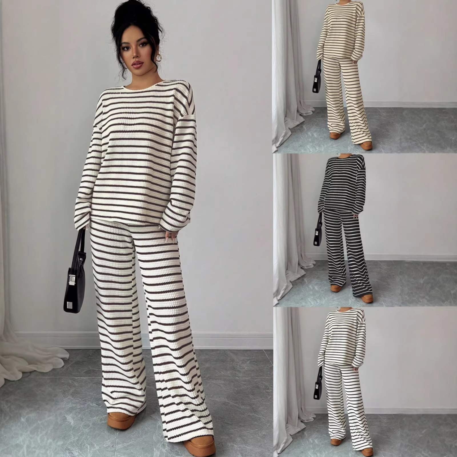 Women's Striped Lounge Set Long Sleeve Crewneck Tee and Pants