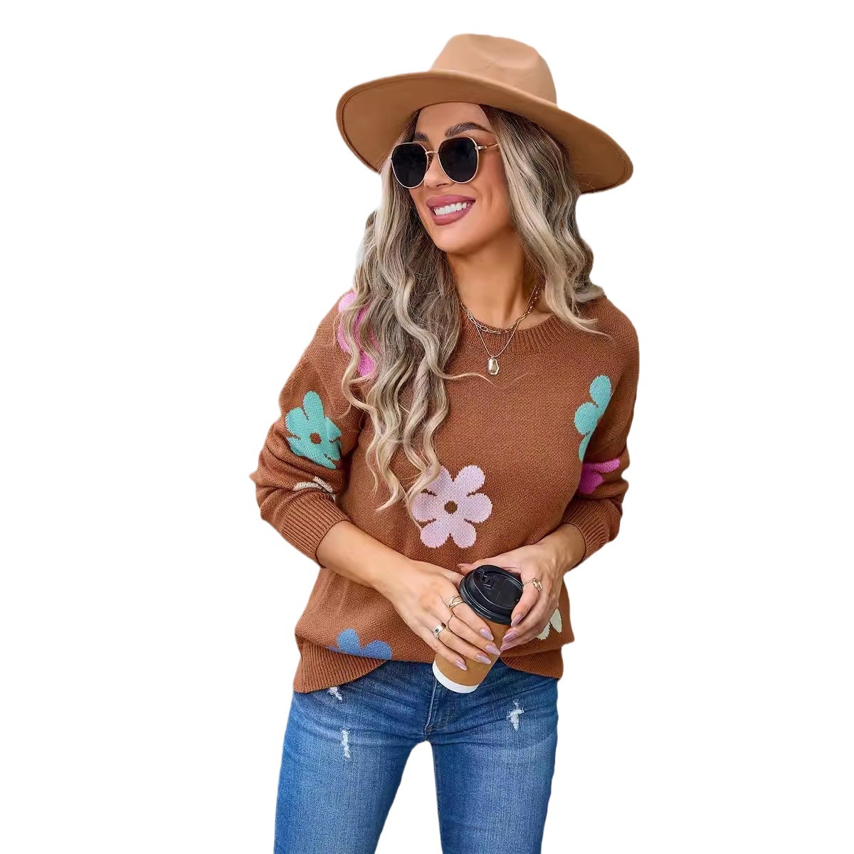 Floral Colorblock Crewneck Knit Sweater