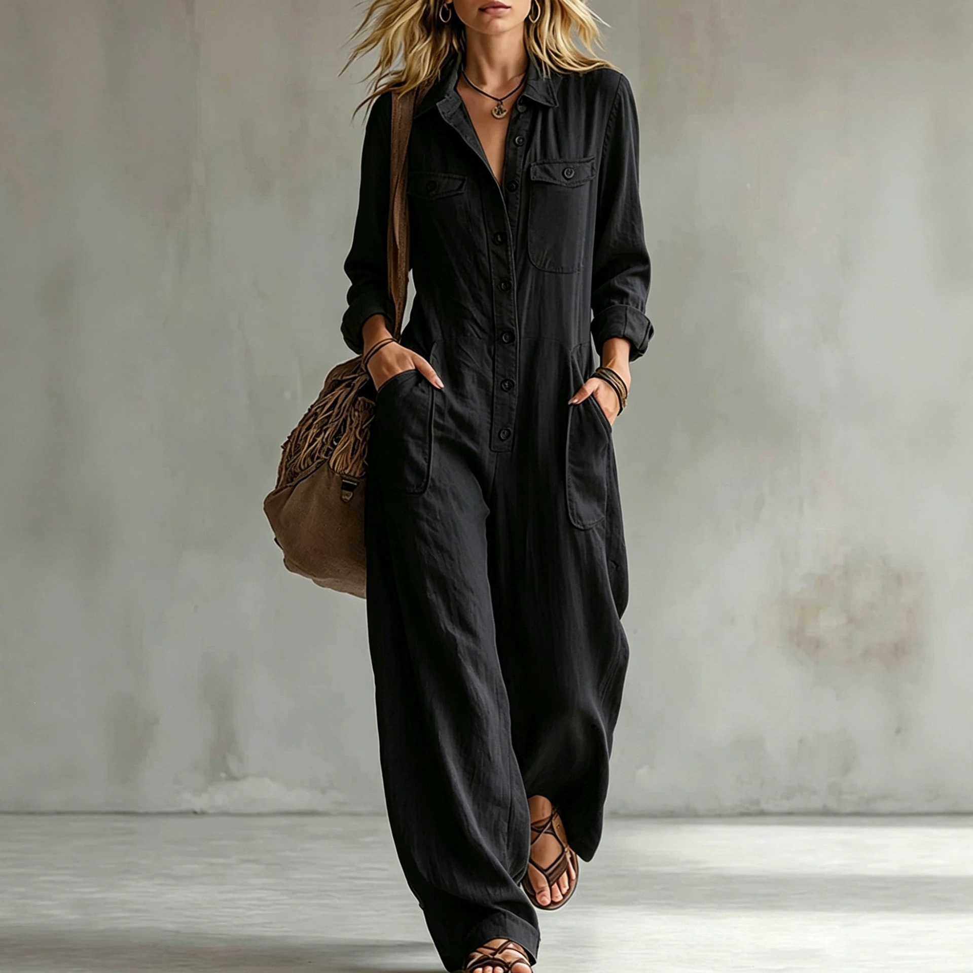 Women's Linen-Blend Cargo Jumpsuit with Collar, Long Sleeve, Wide Leg, Loose Fit